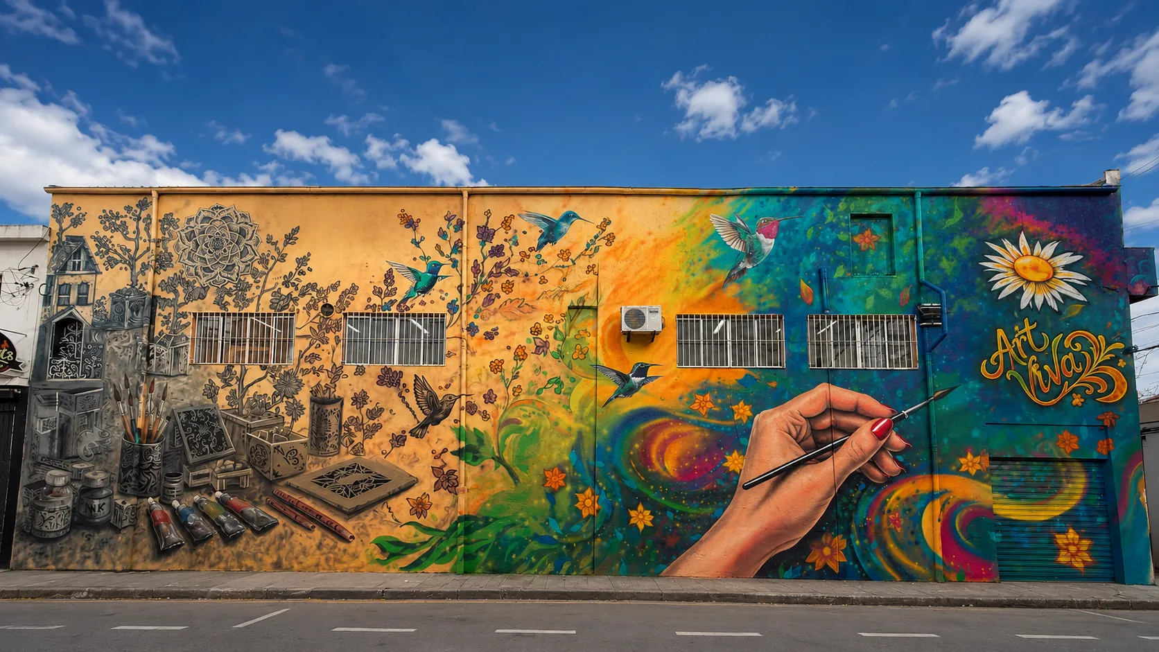 Fotografia real da fachada grafitada da Arte Viva